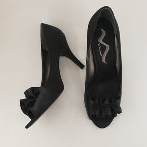 NINA Fantana Black Satin Peep Toe Pumps